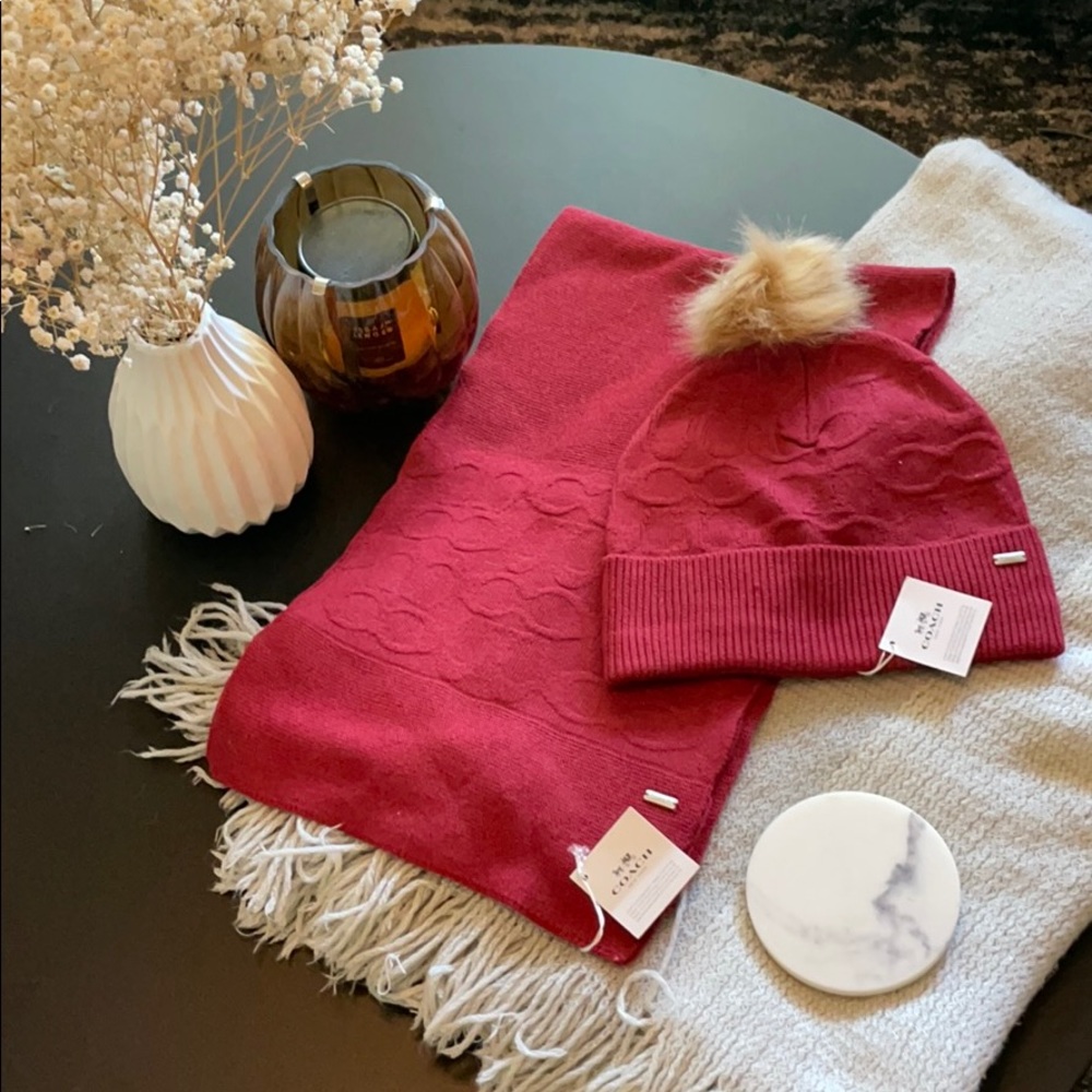 Coach knit burgundy hat and scarf set